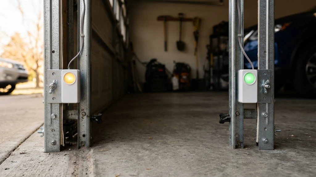 How to Fix a Garage Door Sensor (All Brands, 2026) 10 LiftMaster and Chamberlain garage door sensors showing amber sending LED and green receiving LED
