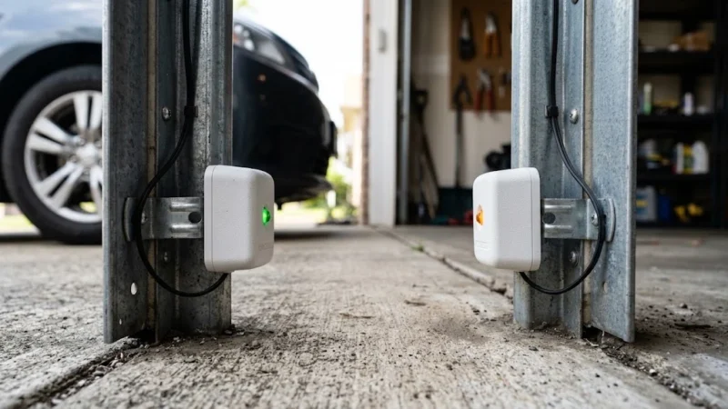 Two LiftMaster garage door safety sensors facing each other with solid amber and green LEDs showing correct alignment