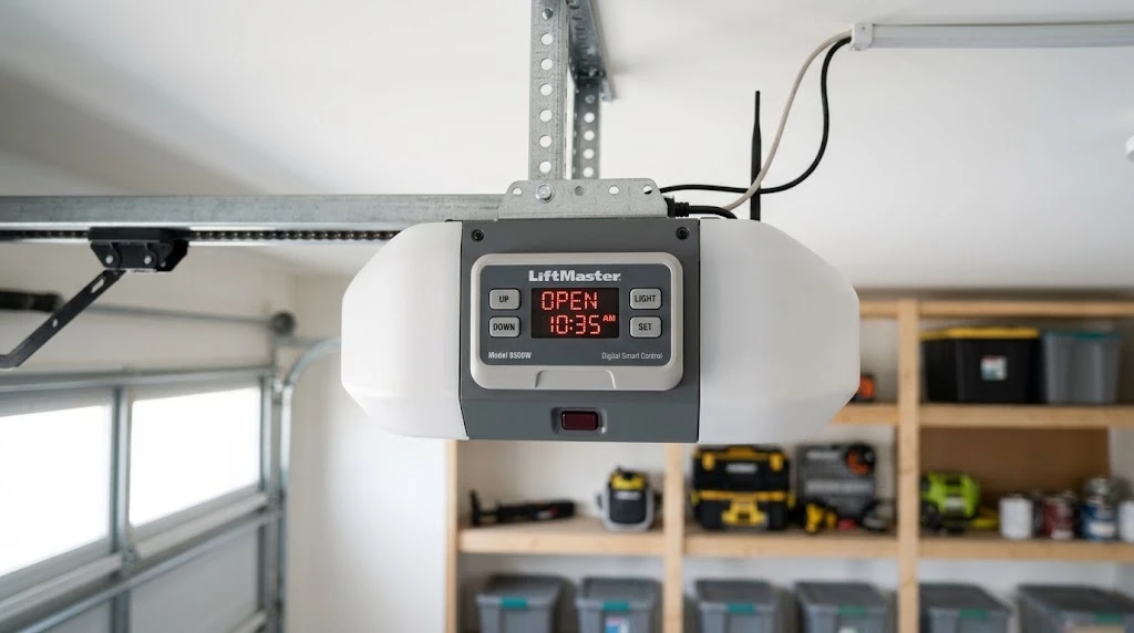 LiftMaster garage door opener digital control panel showing LED display and buttons