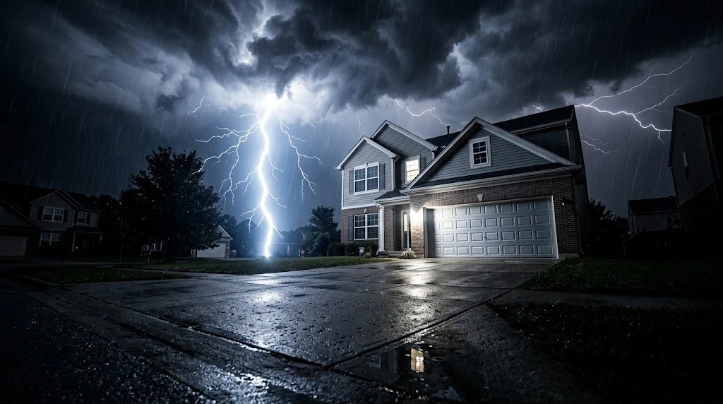 Best Surge Protector for Garage Door Opener (2026) 2 Lightning striking near a suburban house at night, the kind of surge event that damages garage door openers