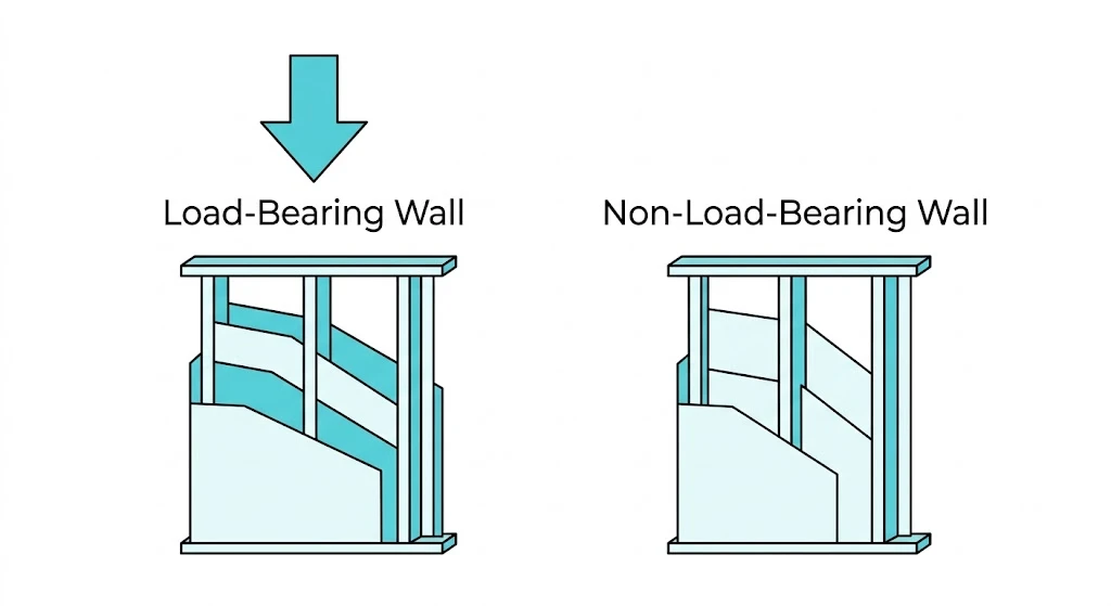 Infographic comparing a load-bearing wall to a non-load-bearing wall