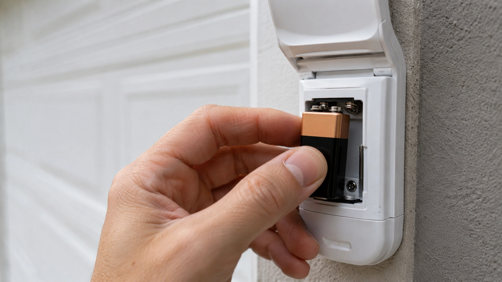 Hand inserting a fresh 9V battery into an open Marantec garage door keypad battery compartment