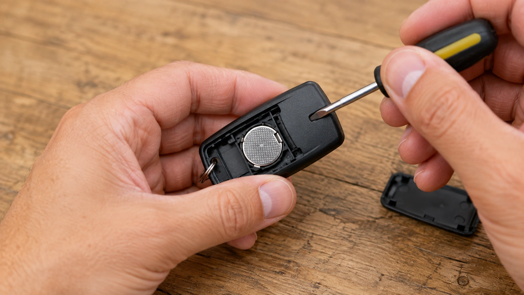 Hands opening the back cover of a Marantec garage door remote control to replace the battery