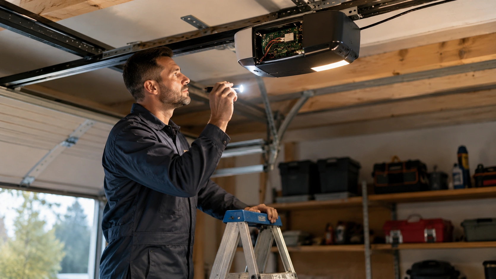 Technician on a ladder inspecting an open Marantec garage door opener motor unit with a flashlight