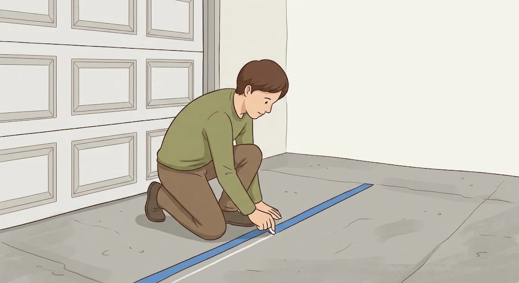 Marking a false wall location with tape on the garage floor