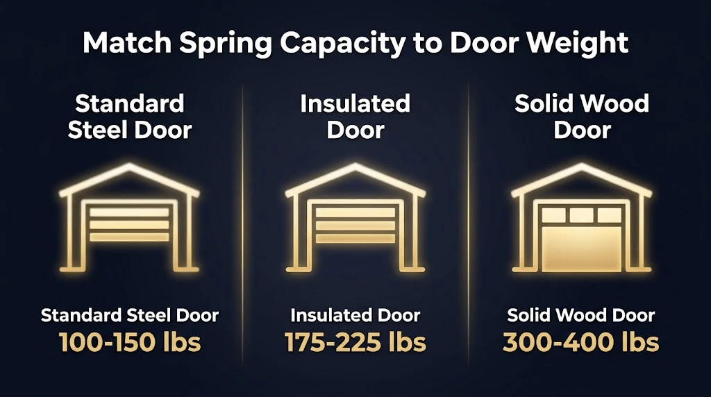 Best Garage Door Torsion Springs (2026 Picks by Cycle Life) 7 Infographic matching garage door torsion spring capacity to standard steel, insulated, and solid wood door weights