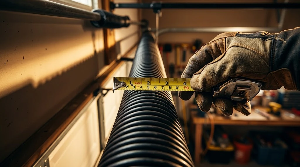 Best Garage Door Torsion Springs (2026 Picks by Cycle Life) 4 Gloved hand measuring garage door torsion spring coils with a metal tape measure