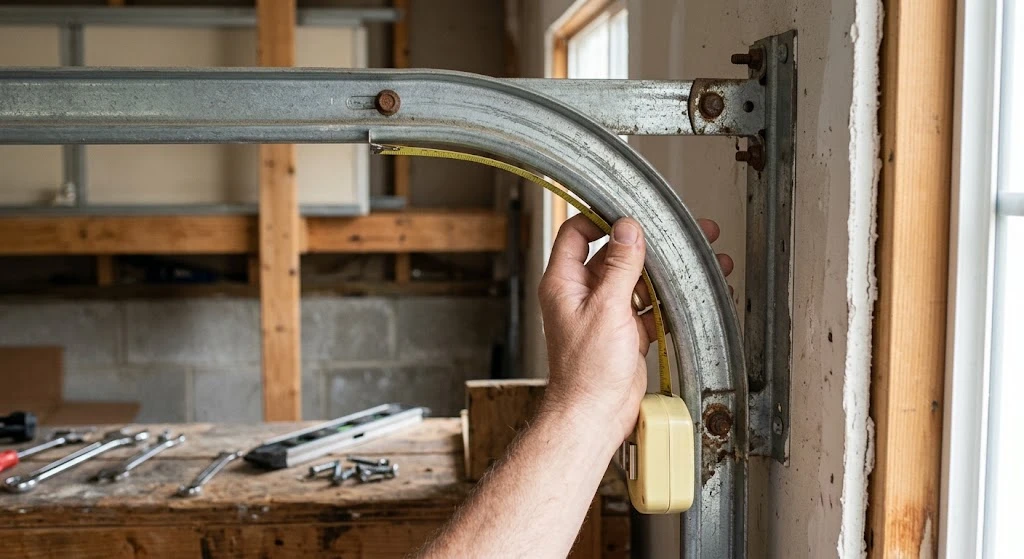 Measuring the radius of a garage door track corner with a tape measure