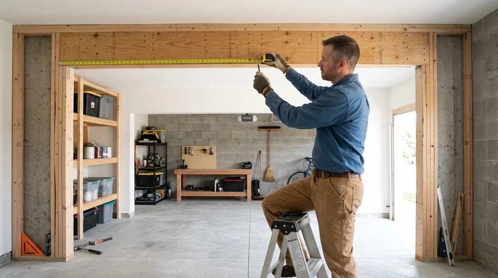 Carpenter measuring and marking a wooden header beam above a garage door opening during framing