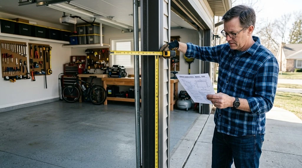 Homeowner measuring a wide garage door with a tape measure while checking a spec sheet