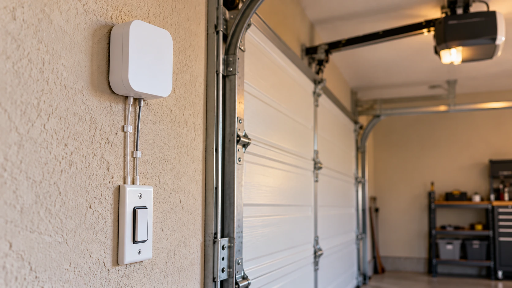 Meross smart garage door WiFi controller mounted above a wall push-button