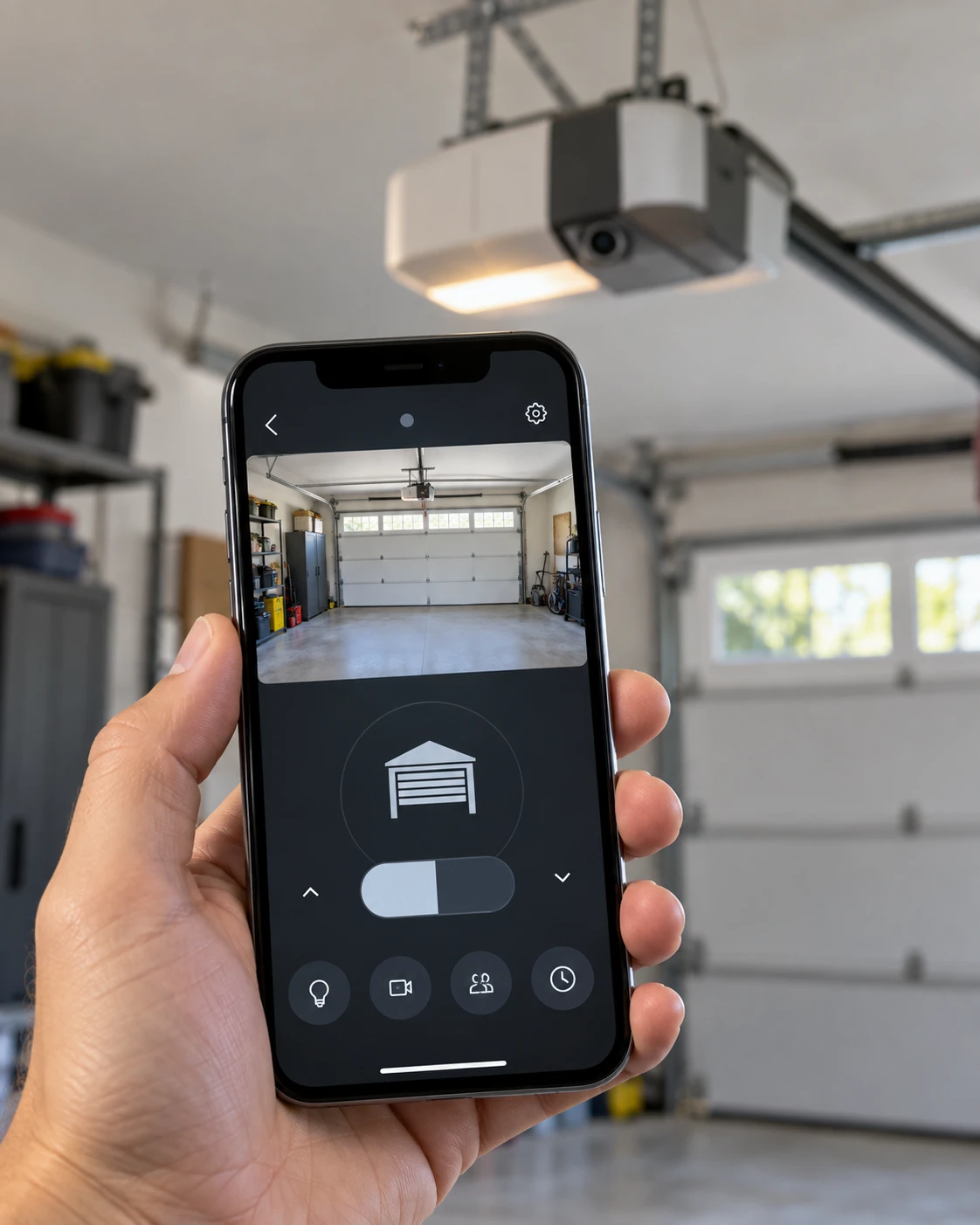 Best Garage Door Opener With Camera (2026 Picks) 8 Smartphone held in hand showing a smart garage app with a live camera feed and door control button