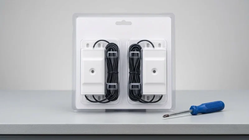 A brand new matched pair of garage door safety sensors in packaging next to a screwdriver