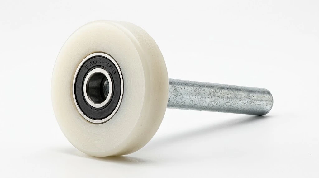Close-up of a 2-inch nylon garage door roller with sealed ball bearing and steel stem