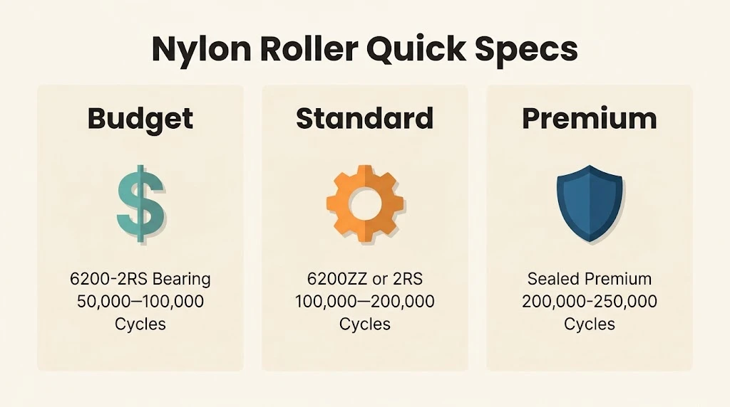 Infographic comparing budget, standard, and premium nylon garage door roller specs and cycle ratings