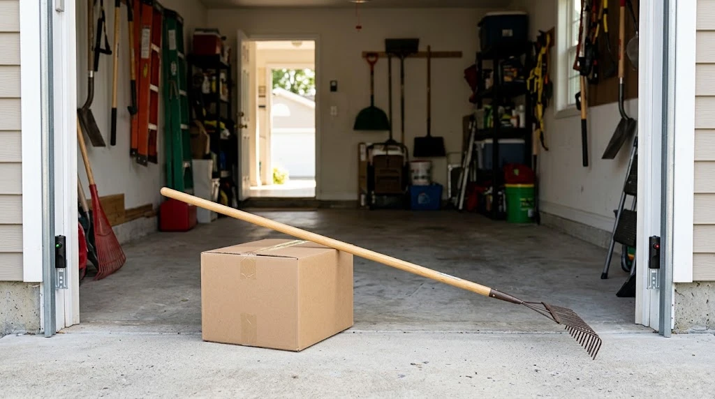 How to Fix a Garage Door Sensor (All Brands, 2026) 7 Cardboard box and rake left in the garage doorway blocking the sensor beam