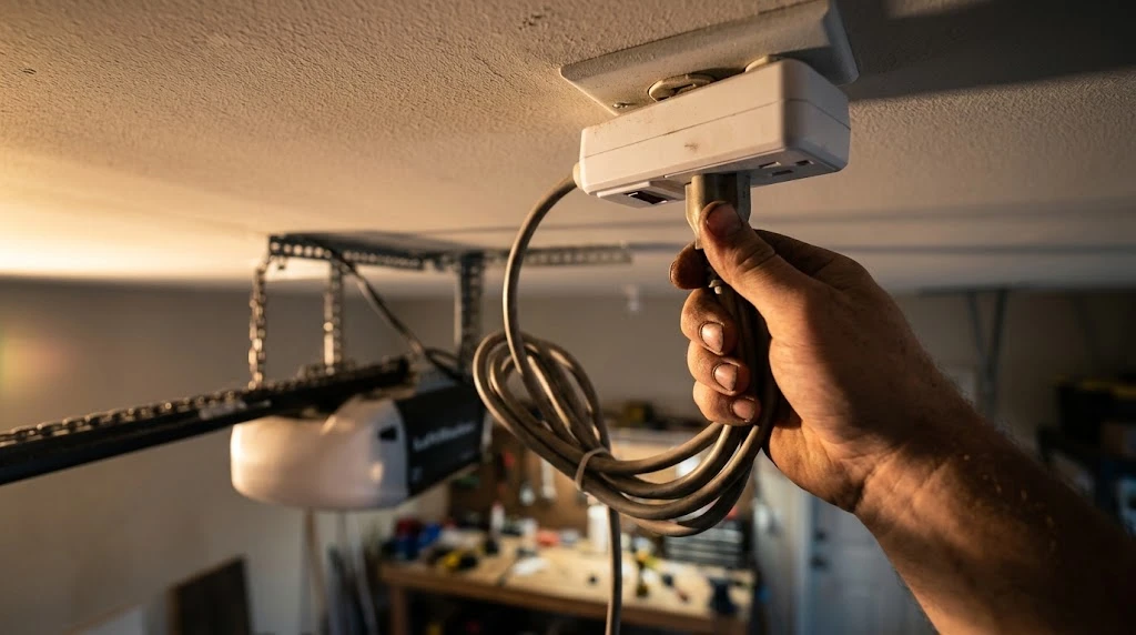 Best Surge Protector for Garage Door Opener (2026) 8 Hand plugging a garage door opener power cord into a surge protector at a ceiling outlet