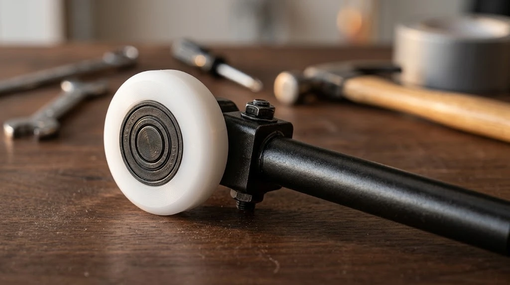 Premium nylon garage door roller with black corrosion-resistant stem on a workbench