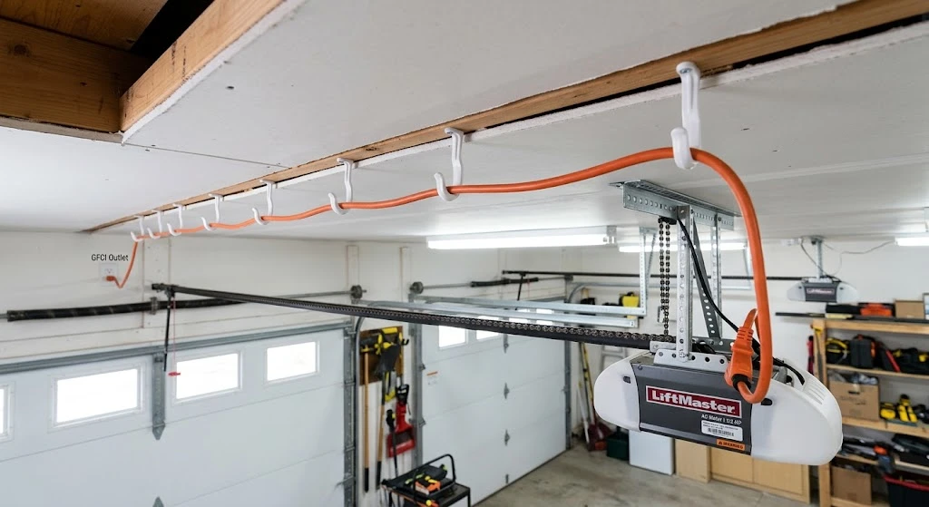 properly routed extension cord in garage ceiling away from garage door opener