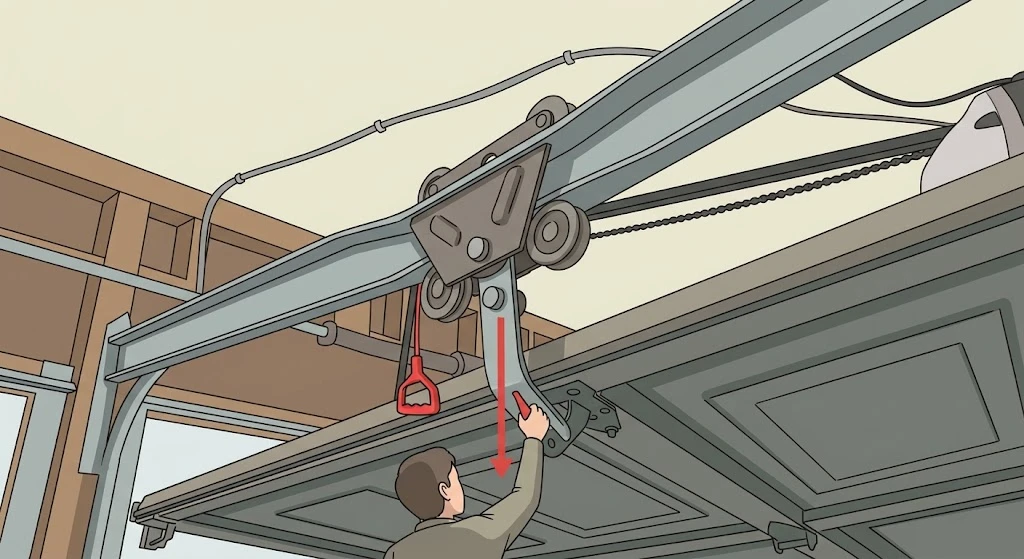 Pulling the red manual release cord on a garage door opener