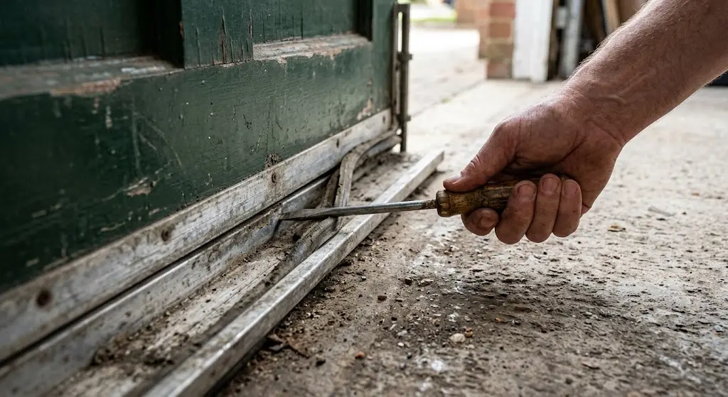 Best Garage Door Seal for an Uneven Floor (2026 Guide) 11 Prying an old worn seal out of the garage door track with a flathead tool