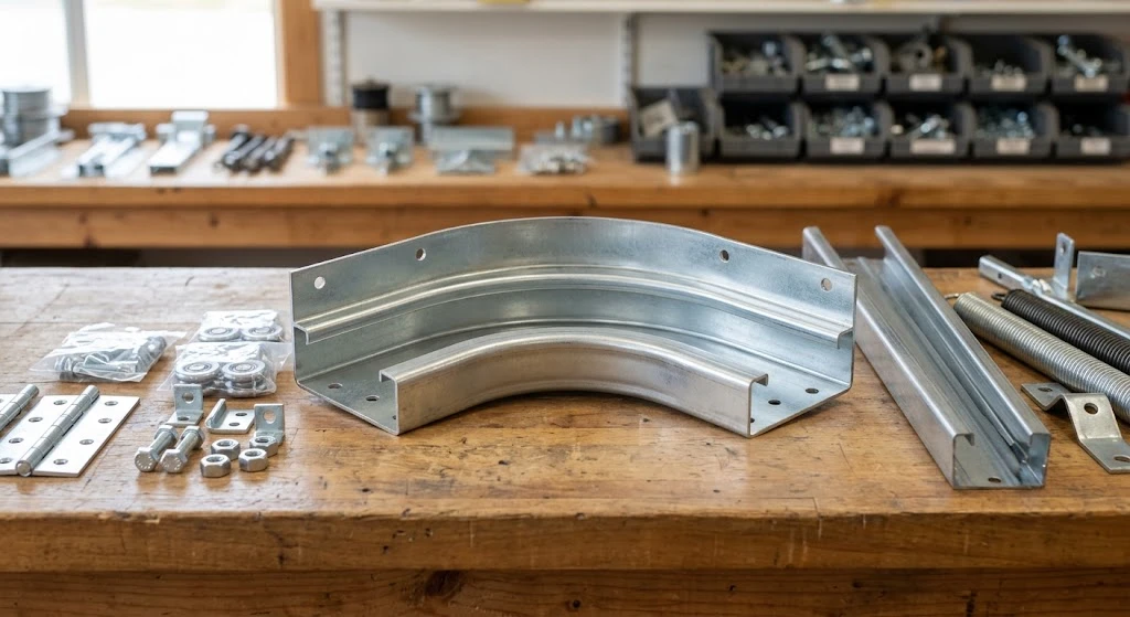 Replacement garage door track corner sections and hardware on a workbench