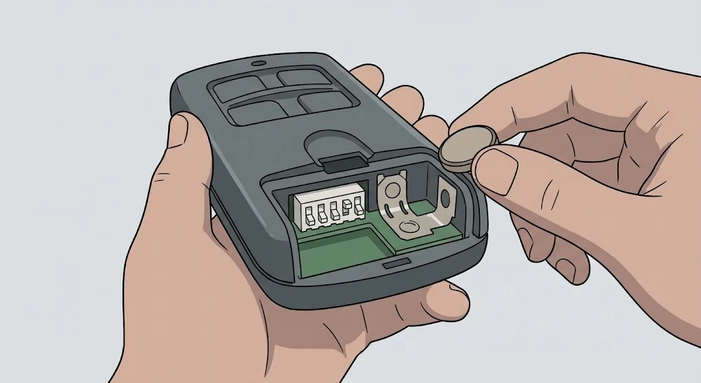 How to Program Craftsman Garage Door Remote 315 (Every Method) 7 Illustration showing how to replace the battery in a garage door remote