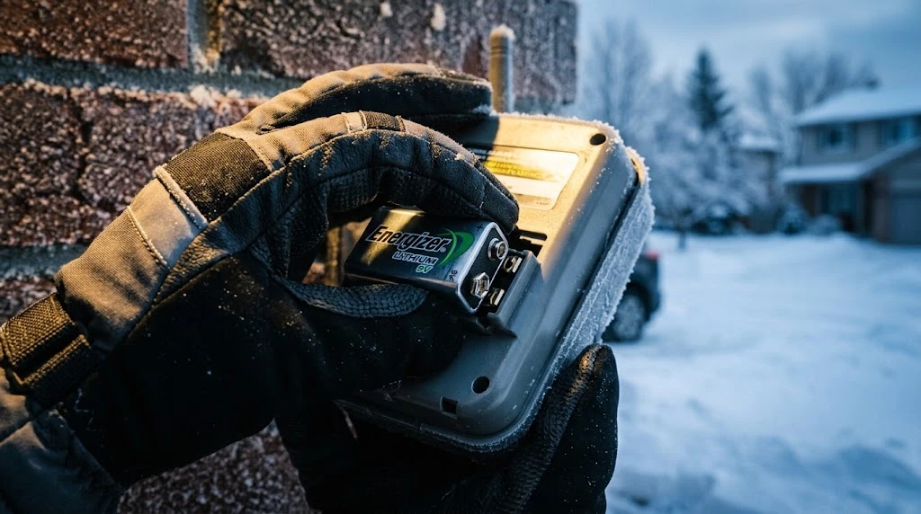 Garage Door Keypad Not Working in Cold Weather: The Fix 3 Gloved hand opening a garage door keypad battery compartment to install a fresh lithium battery
