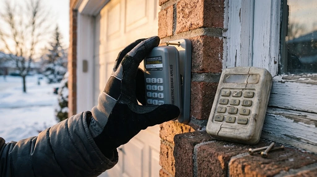 Garage Door Keypad Not Working in Cold Weather: The Fix 7 Installing a new garage door keypad beside an older weathered keypad being replaced