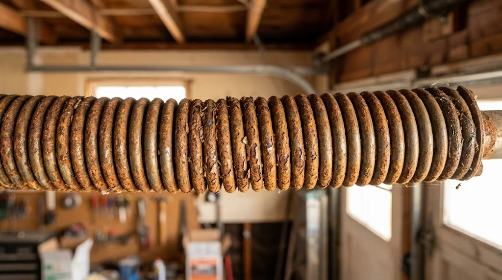 Best Lubricant for Garage Door Springs (2026 Picks) 3 Rusted garage door torsion spring coil with visible corrosion and pitting between windings