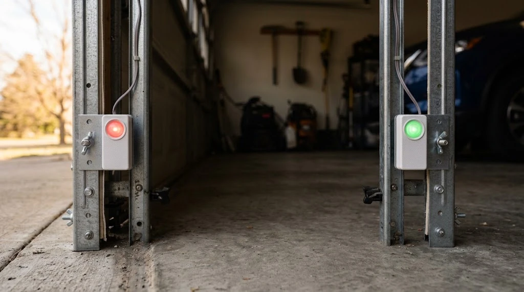 How to Fix a Garage Door Sensor (All Brands, 2026) 13 Ryobi garage door sensors showing a red transmitter LED and a green receiver LED