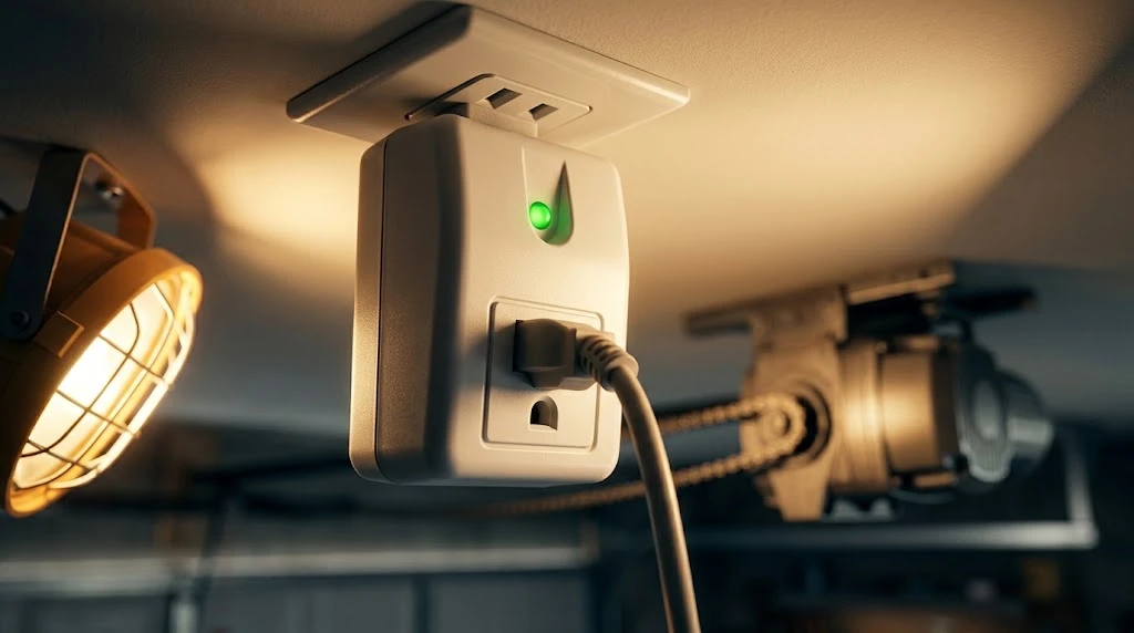Best Surge Protector for Garage Door Opener (2026) 4 White single-outlet surge protector with green LED plugged into a garage ceiling outlet