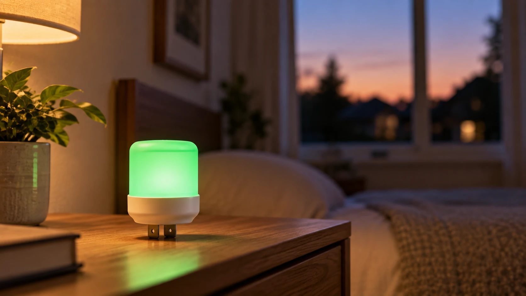 Skylink GM-318 LED garage door indicator glowing green on a nightstand