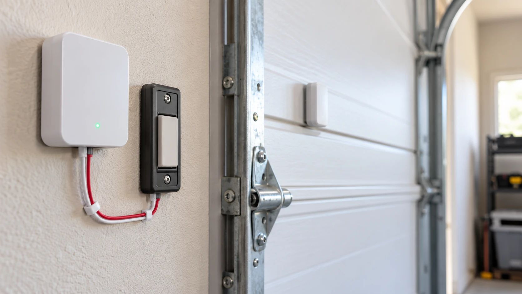 Smart garage retrofit controller mounted on the wall beside the existing garage door wall button
