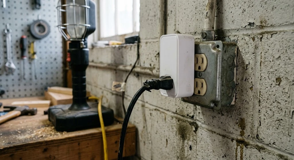 Smart plug connected to a wall outlet with a work lamp in a garage