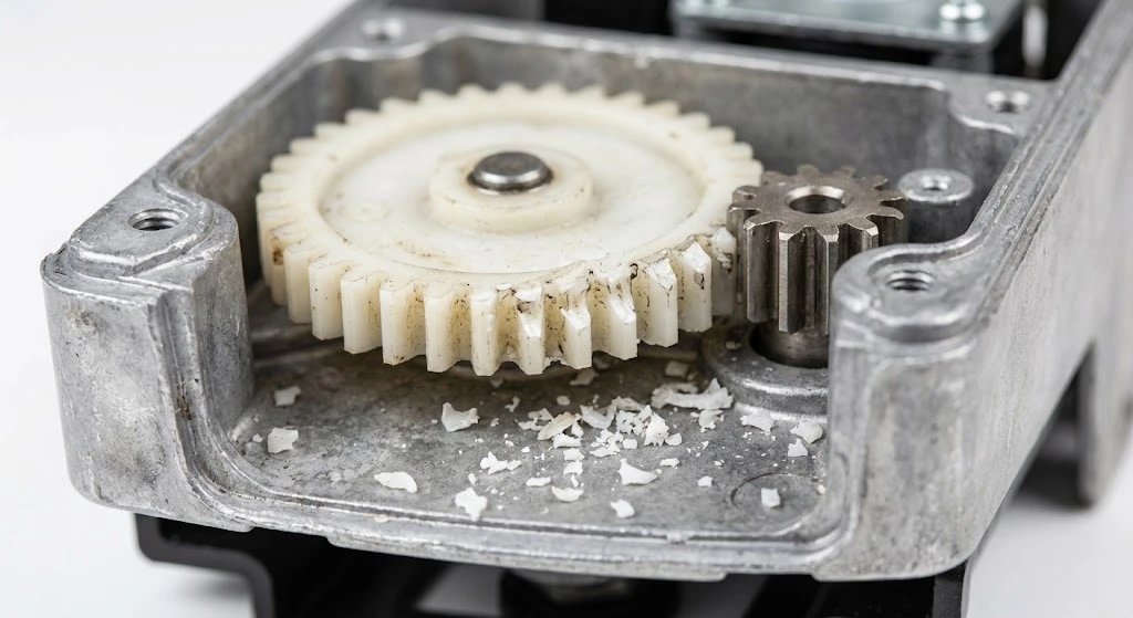 stripped white plastic drive gear inside LiftMaster motor housing