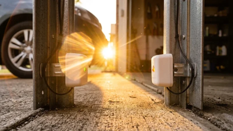 Bright evening sunlight shining directly into a garage door opening and hitting a safety sensor lens