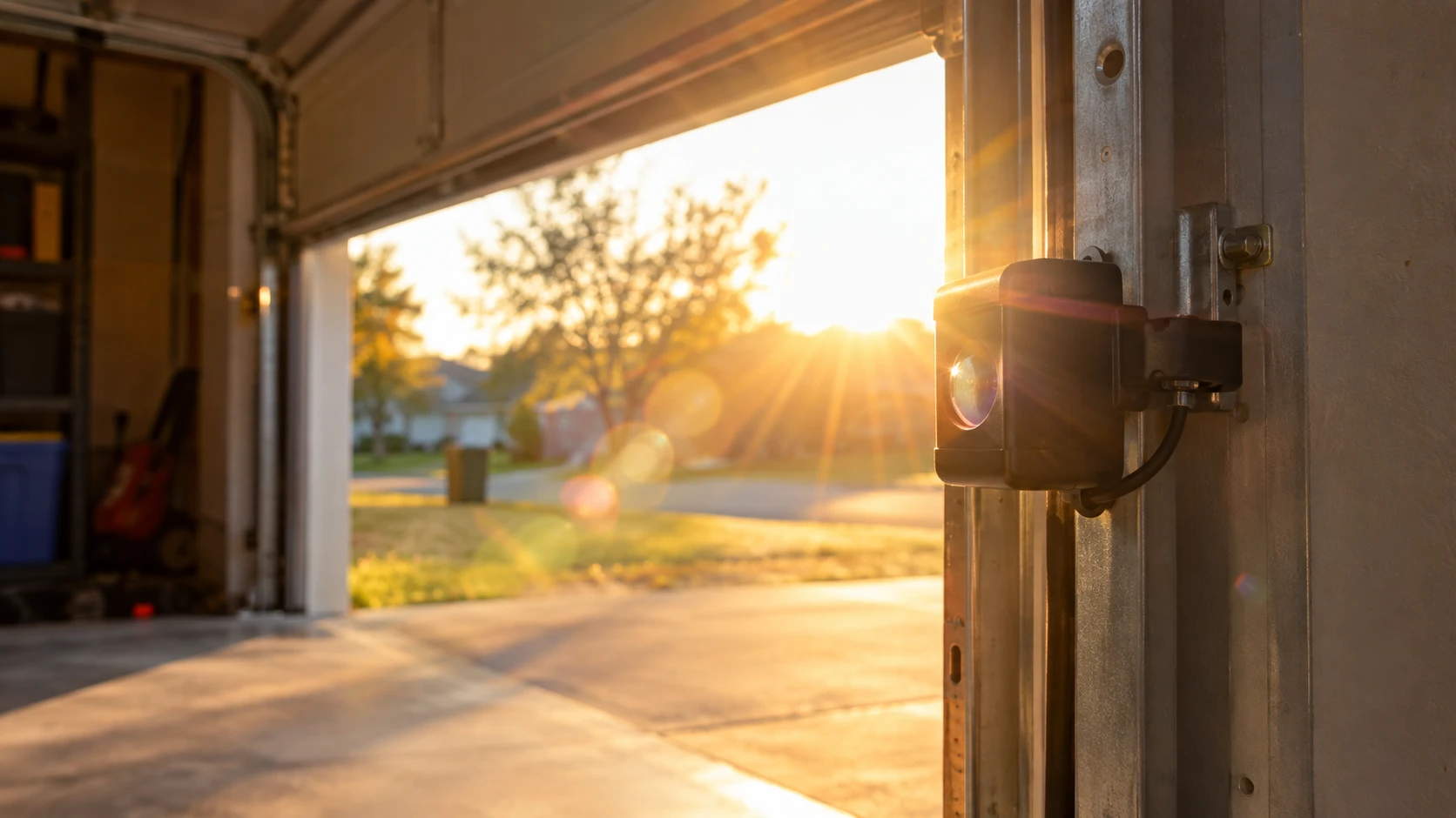 How to Fix a Garage Door Sensor (All Brands, 2026) 14 Low afternoon sun shining directly into a garage doorway onto a safety sensor