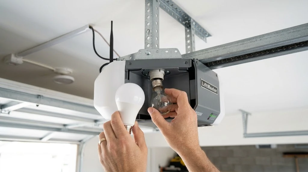 How Much Electricity Does a Garage Door Opener Use? 6 Hands replacing an old incandescent bulb with a new LED bulb in a garage door opener light socket