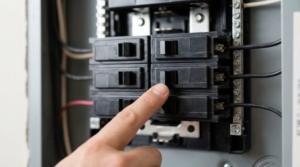 Hand switching off a breaker in a home electrical panel