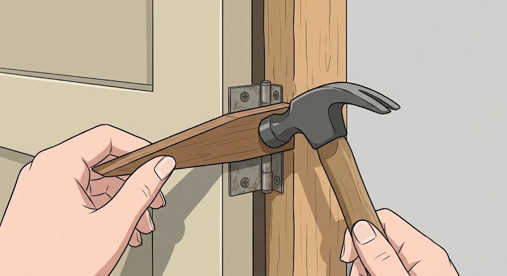 Tapping a wood shim into the garage door frame gap with a hammer