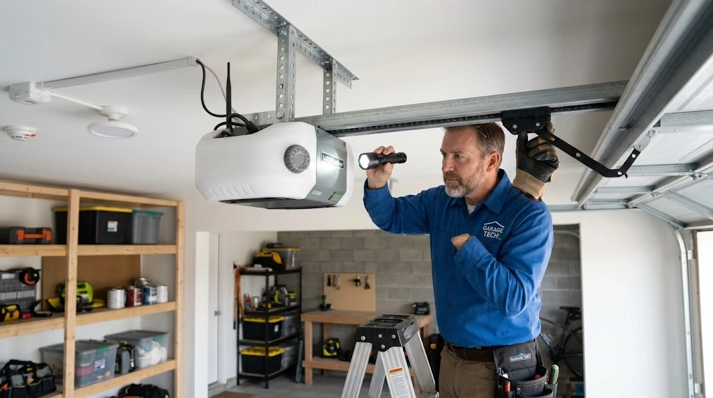 Professional technician on a stepladder inspecting a ceiling-mounted garage door opener