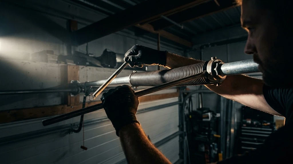 Best Garage Door Torsion Springs (2026 Picks by Cycle Life) 8 Technician using a winding bar to wind a garage door torsion spring safely