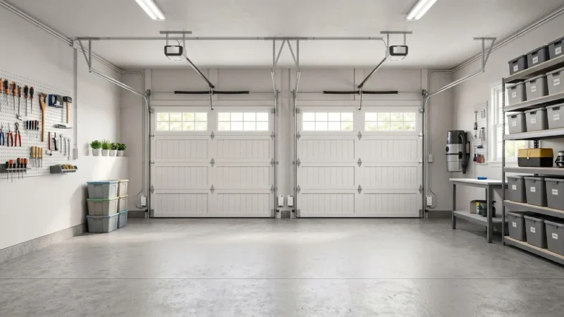 Clean organized garage interior with an unobstructed path in front of the garage door safety sensors