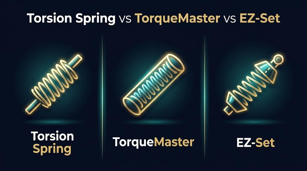 Best Garage Door Torsion Springs (2026 Picks by Cycle Life) 3 Infographic comparing torsion spring, TorqueMaster, and EZ-Set garage door spring systems