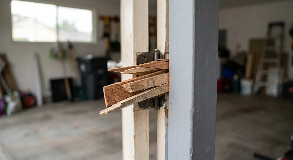 Uneven, mismatched shims sticking out of a garage door frame