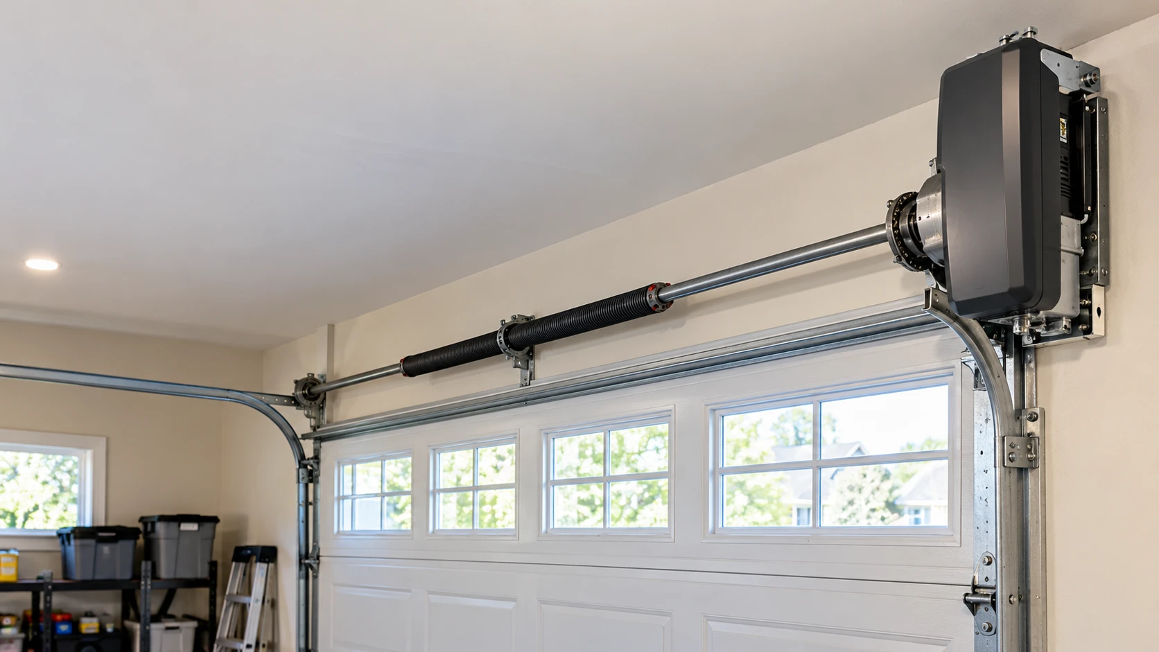 Wall mount jackshaft garage door opener installed beside a tall garage door with no ceiling rail