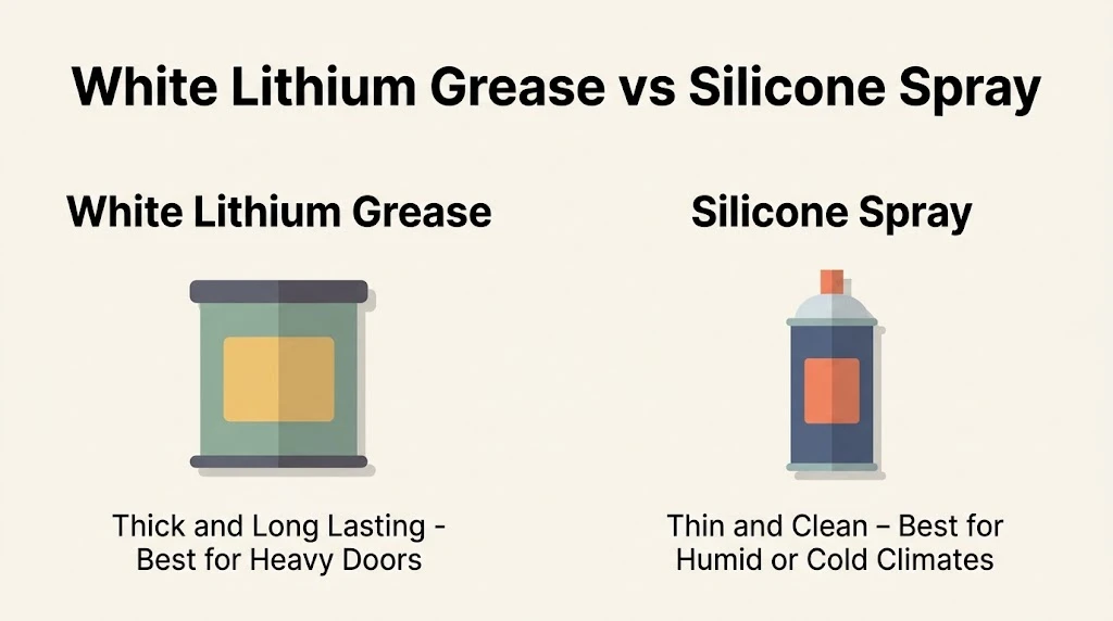 Infographic comparing white lithium grease and silicone spray for garage door spring lubrication