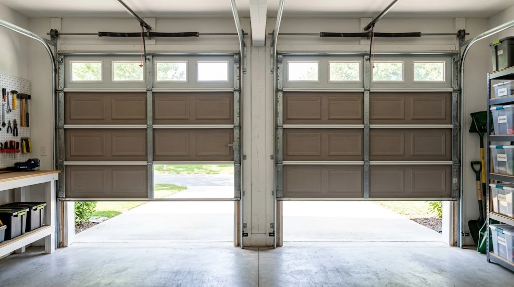 Wide double-car garage door with full panel construction and track hardware viewed from inside