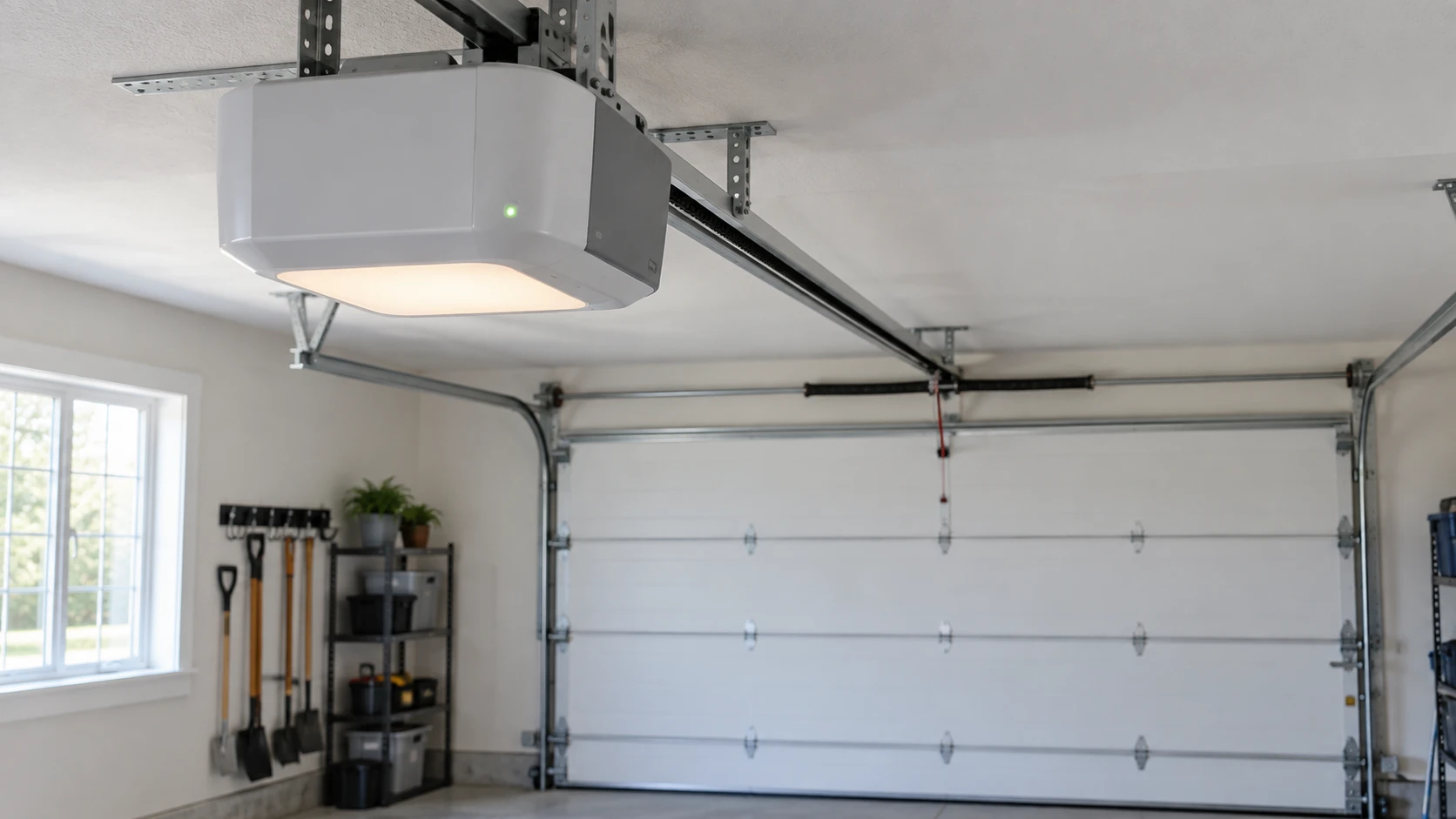 WiFi belt drive garage door opener motor mounted on the ceiling rail of a residential garage
